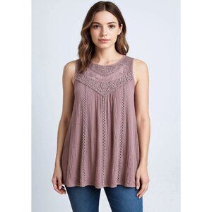 Bohemian Chic Lace Inset Flared Swing Tunic Tank Sz M Relax Fit Dusty Pink Lined